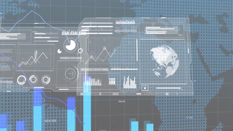 animation of interface with statistical data processing over world map against grey background