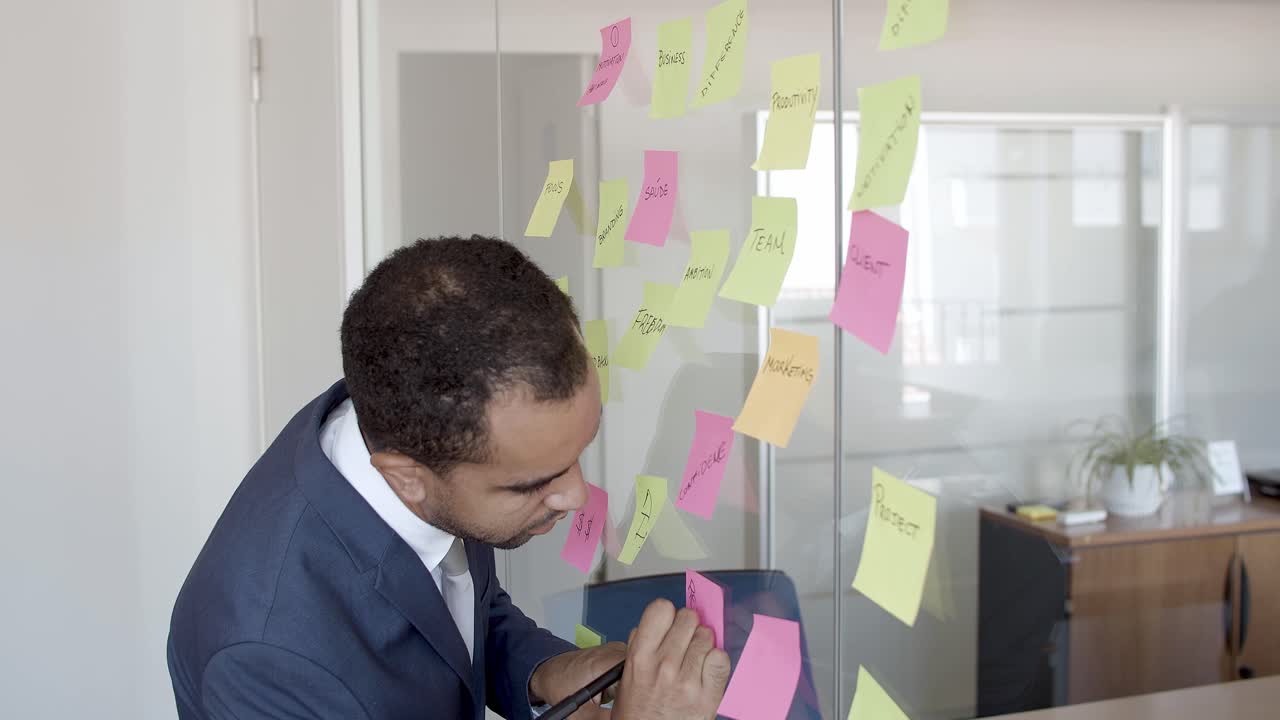 Businessman wearing suit, working on project plan