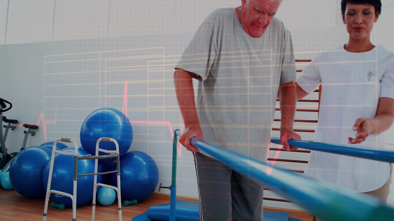 Man shifting weight, stepping on parallel bars for balance rehab, PT guiding, ECG overlay tracking