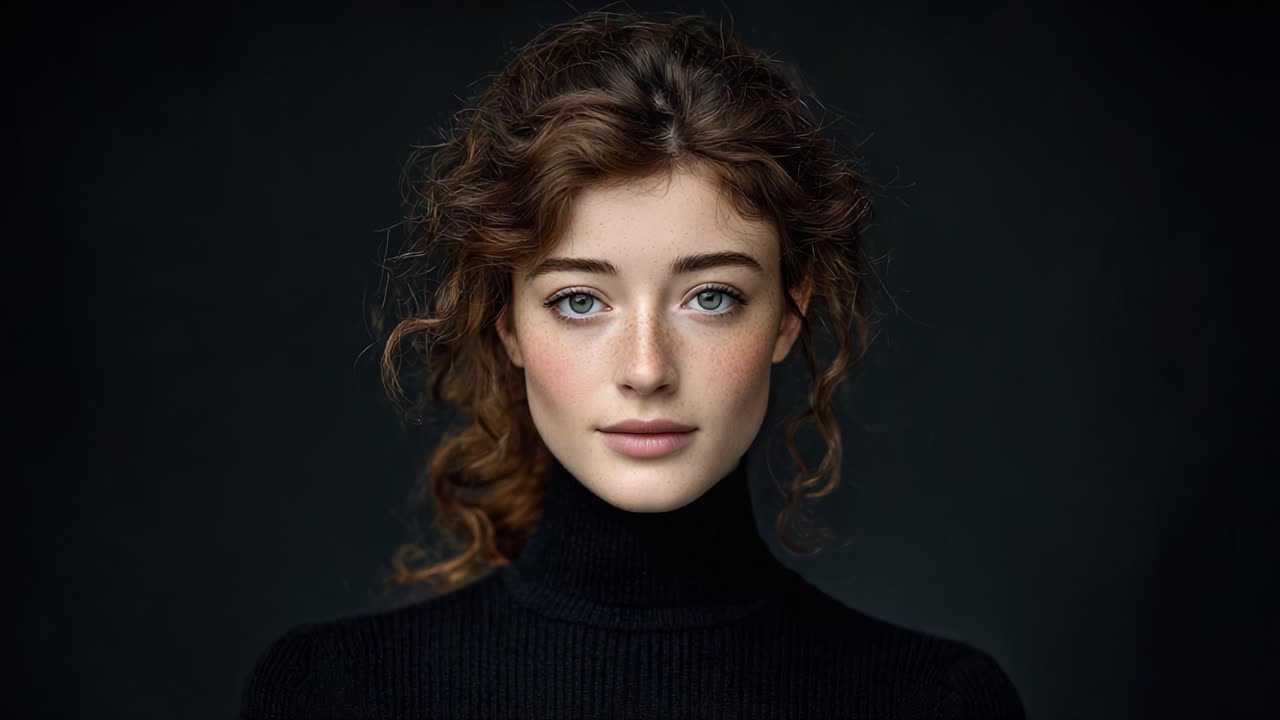 A Captivating Portrait of a Young Woman with Freckles and Curly Hair, Highlighting her Elegant Expression Against a Dark Background