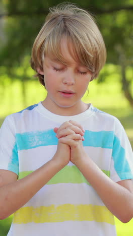 little boy saying his prayers in the park