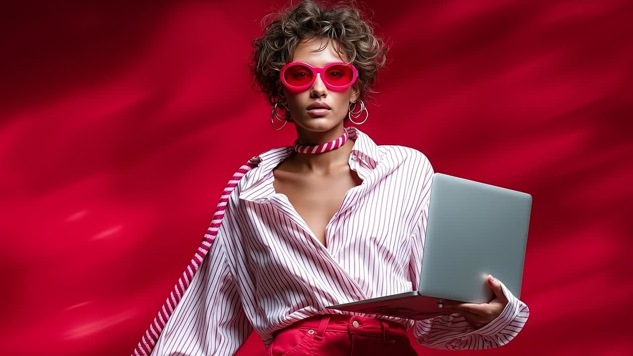 A woman in a striped shirt and red pants holding a laptop