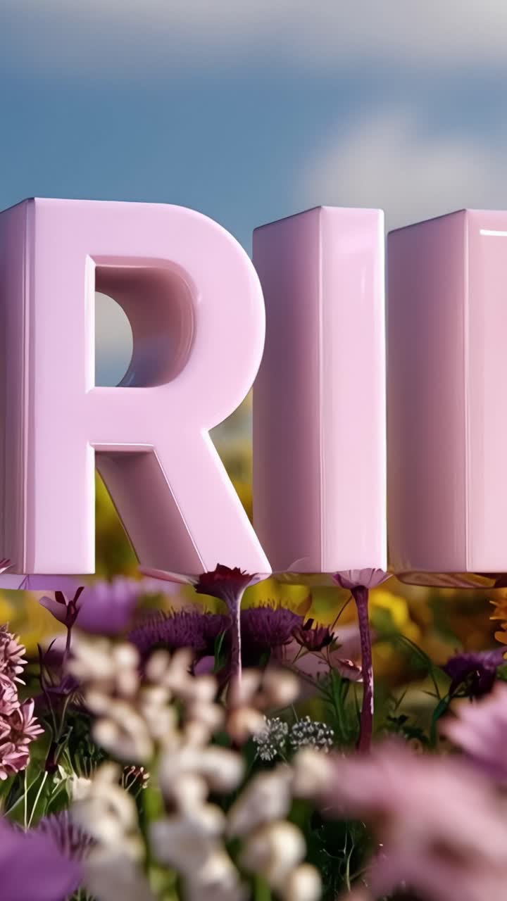 Vibrant Spring Blossoms with Shiny Pink Letters Surrounded by Colorful Flowers Under a Bright Sky, Capturing the Essence of Nature's Beauty in Full Bloom
