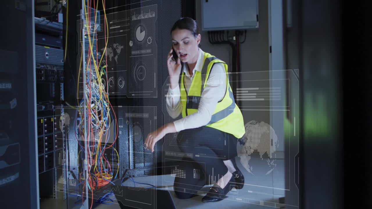 Animation of digital data processing over caucasian woman by computer servers