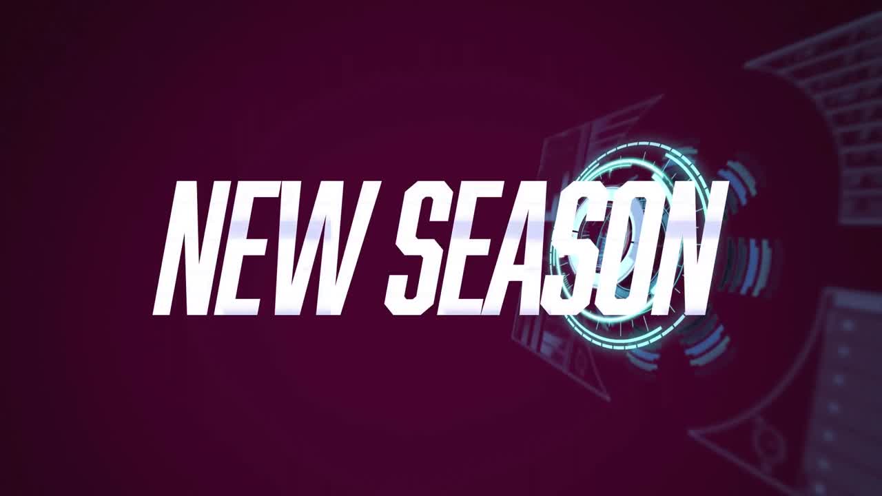Animation of new season text banner over round scanner and data processing against purple background