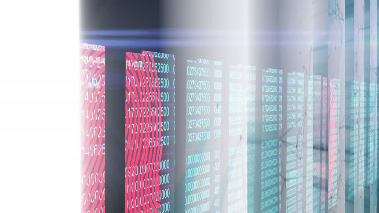 Animation of moving shapes and data processing on white background