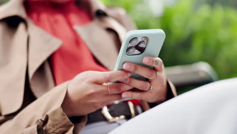 manos, teléfono o mujer en el parque en las redes sociales para