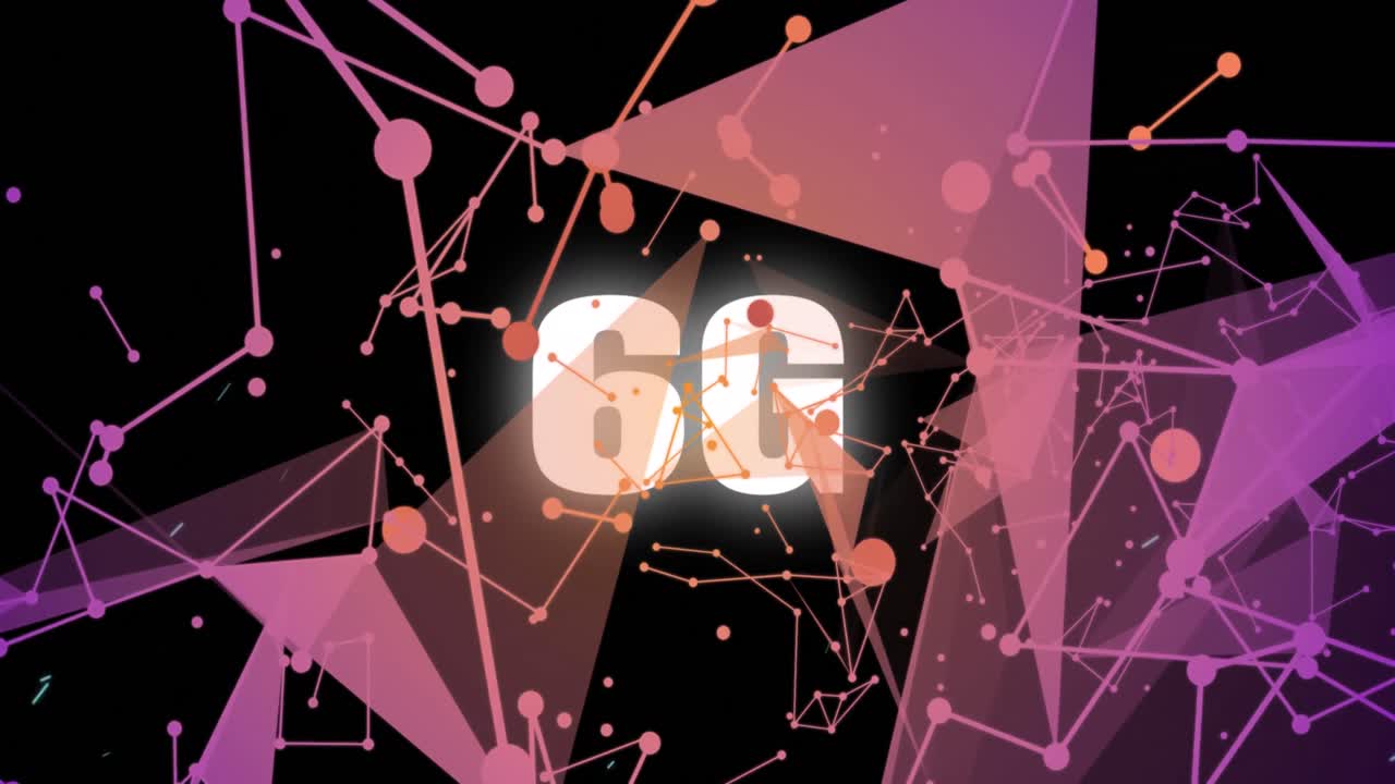 animación de puntos multicolores conectados con líneas y formando formas geométricas sobre texto de 6g.