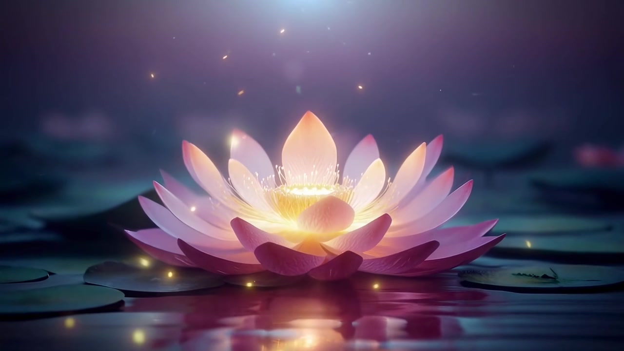 Fiore di loto rosa luminoso sull'acqua con luci scintillanti