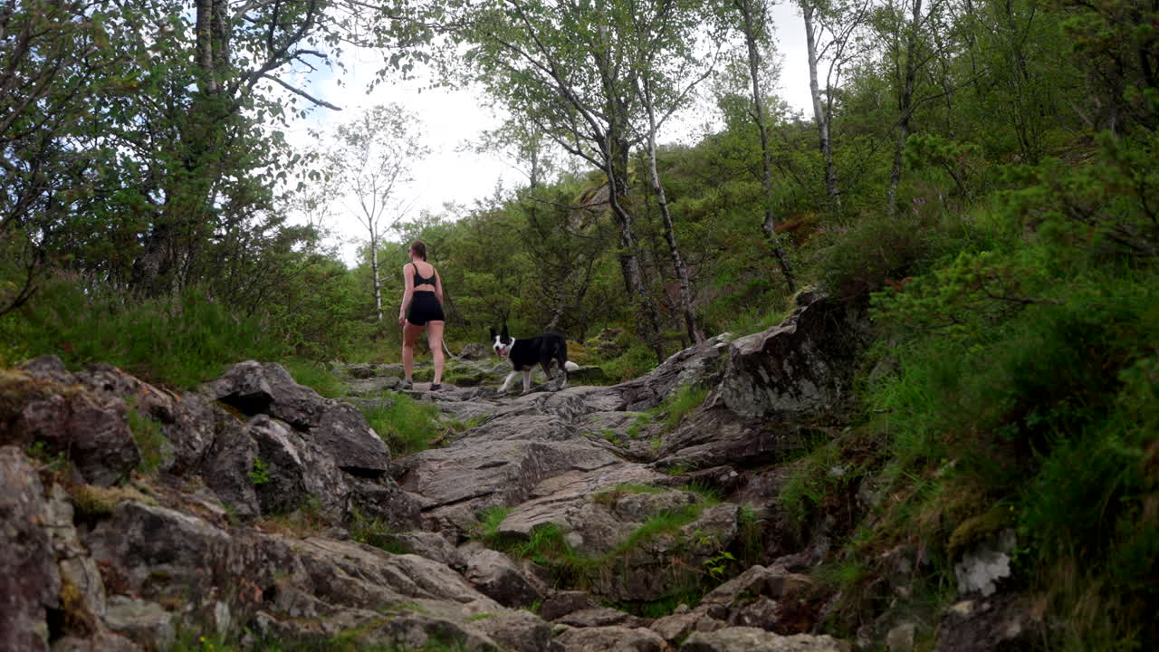 Woman in sportswear hike up rocky mountain trail pet border collie dog on lead