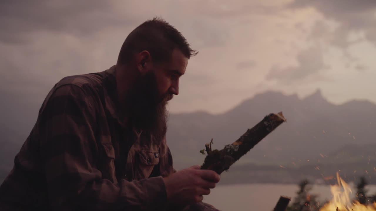 A man adds wood to a campfire on a grassy hill overlooking a lake and mountains at sunset. Concept of outdoor living, solitude, adventure, and connection with nature