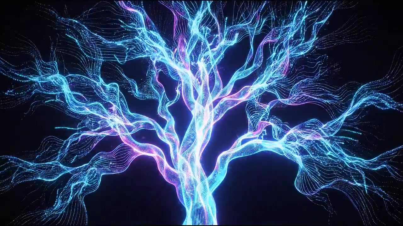 Abstract glowing digital tree formed by neon energy lines representing artificial intelligence and data networks
