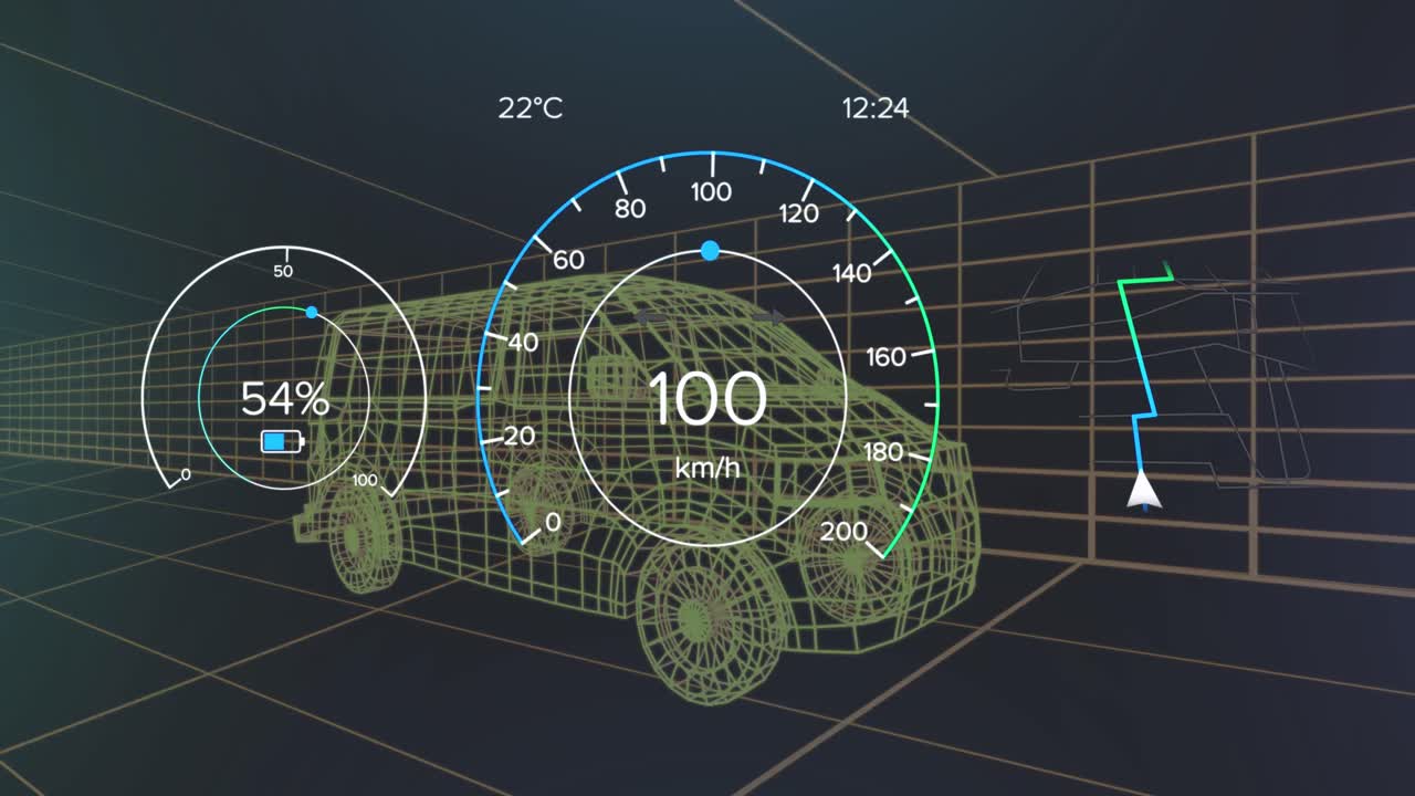 검은 바탕에 있는 밴 프로젝트 위의 속도계와 전력 수준의 애니메이션