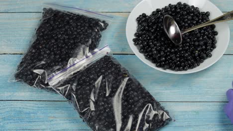 packages with blueberries in zipper plastic bags for freezing. frozen, preservation berries food