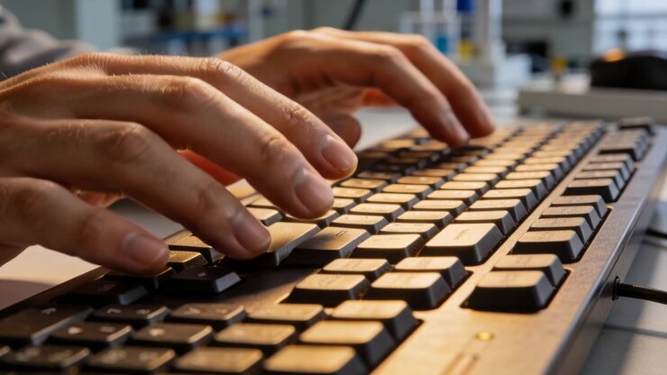 Typing adult hands poised over home-row key pressing desk with USB-keyboard and plaid cuff for work