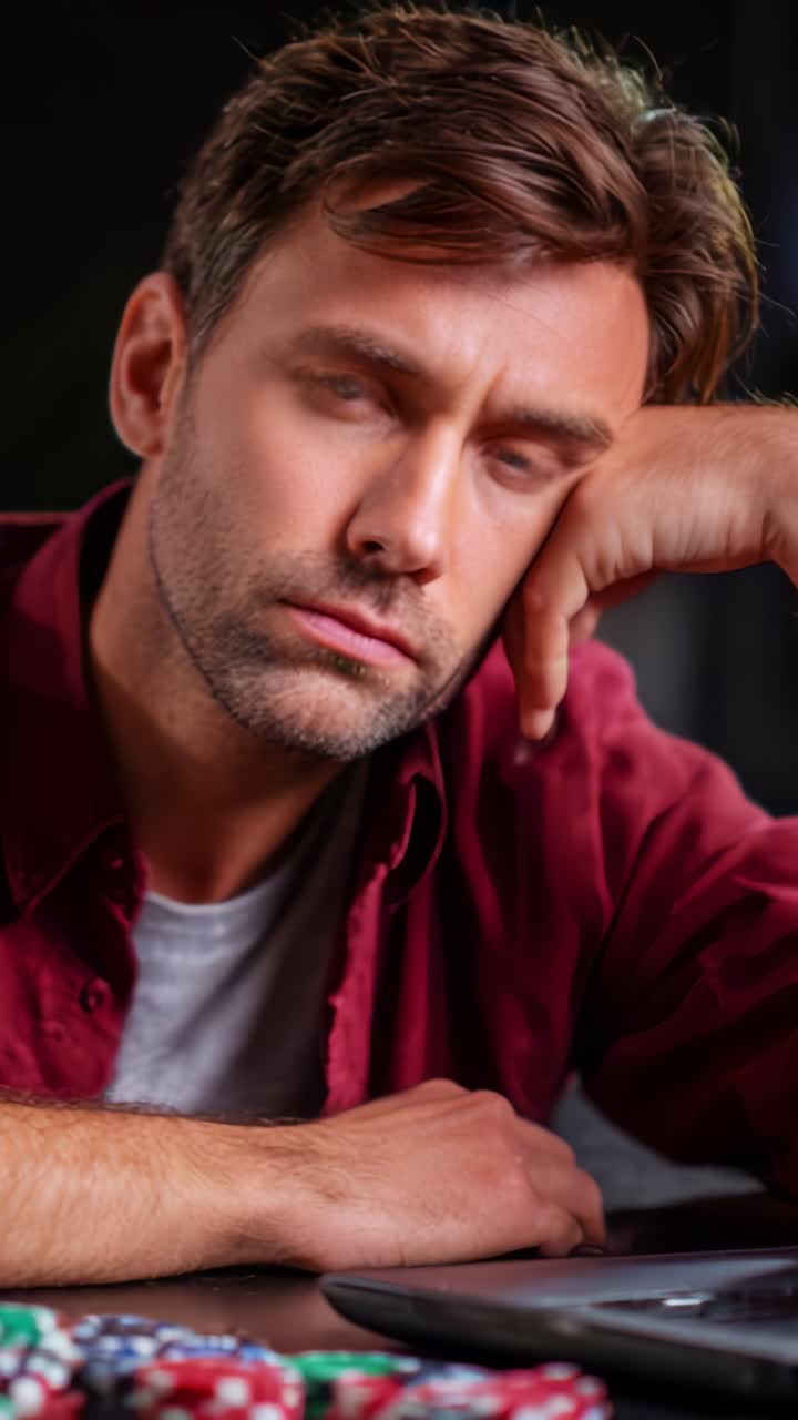A Tired Poker Player Reflects on Life Choices After a Long Night at the Casino, Showing a Range of Emotions and Thoughts Through His Somber Expression
