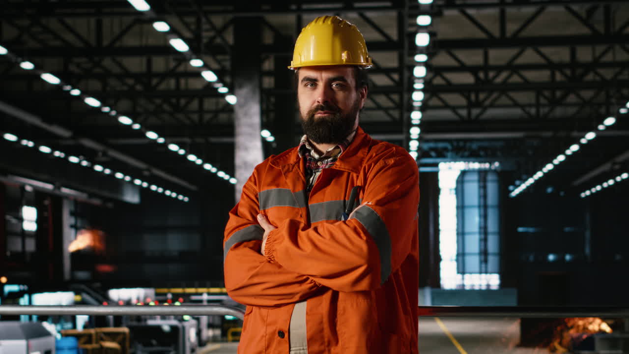 Dipendente, cappello, linea di produzione, attrezzature dell'industria pesante