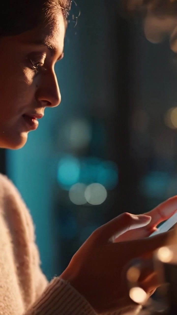 En fokuseret ung kvinde interagerer med sin smartphone i hyggelige omgivelser, omgivet af blødt lys og diskret røg, der fanger et øjeblik af moderne forbindelse