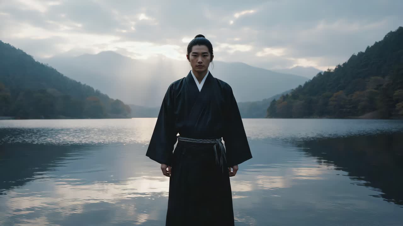 Man in Kimono Standing in Lake