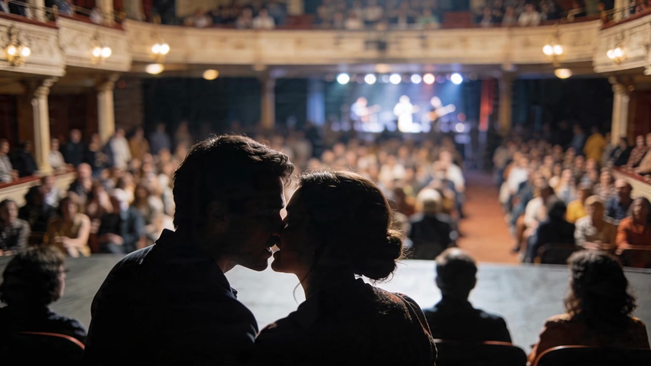Coppia che si bacia, appoggiata, mentre si ritrae in un teatro con una band che suona; uomo in giacca, donna con chignon.