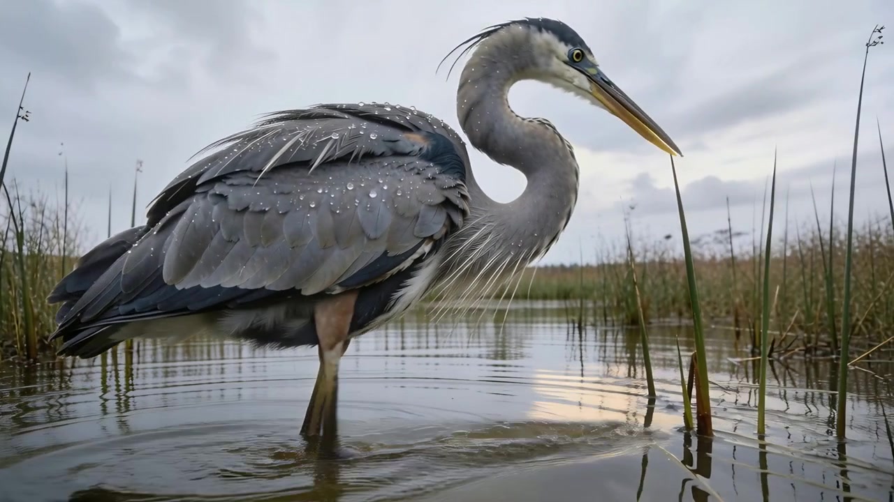 Straightening Great Blue Heron stepping in shallow marsh, seeking prey, dotted feathers and reeds