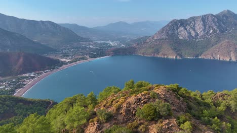 aerial view of a beautiful bay with mountains and beaches