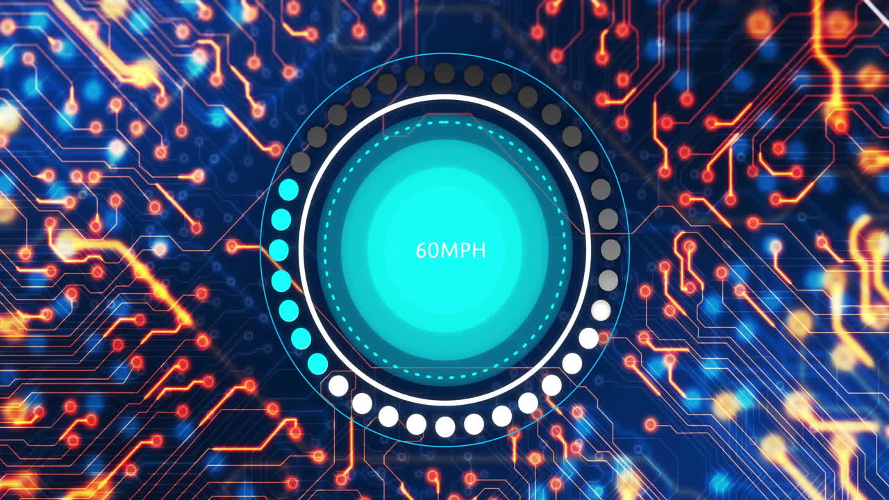 Digital speedometer displaying 110 MPH over circuit board background animation