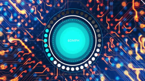 digital speedometer displaying 110 mph over circuit board background animation