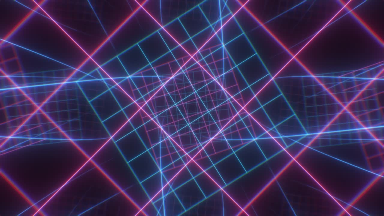 Tunnel a spirale con griglia neon retrò di luci laser incandescenti rosa acceso e blu anni '80 - Animazione di sfondo in movimento con loop continuo 4K