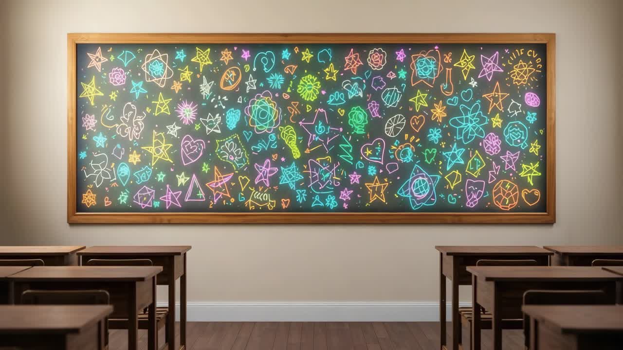 Classroom with Doodle-Filled Blackboard