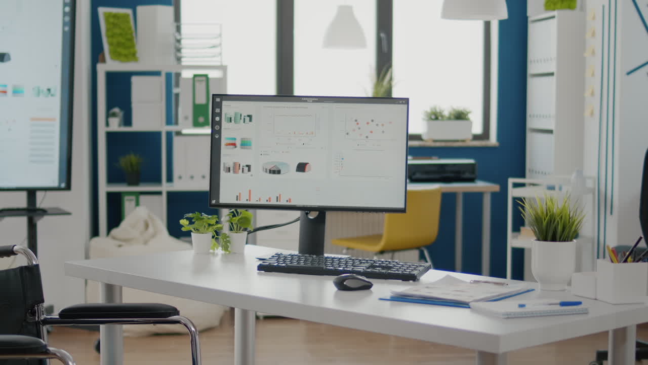 현대적인 디자인과 체어가 있는 비어 있는 밝은 비즈니스 금융 사무실