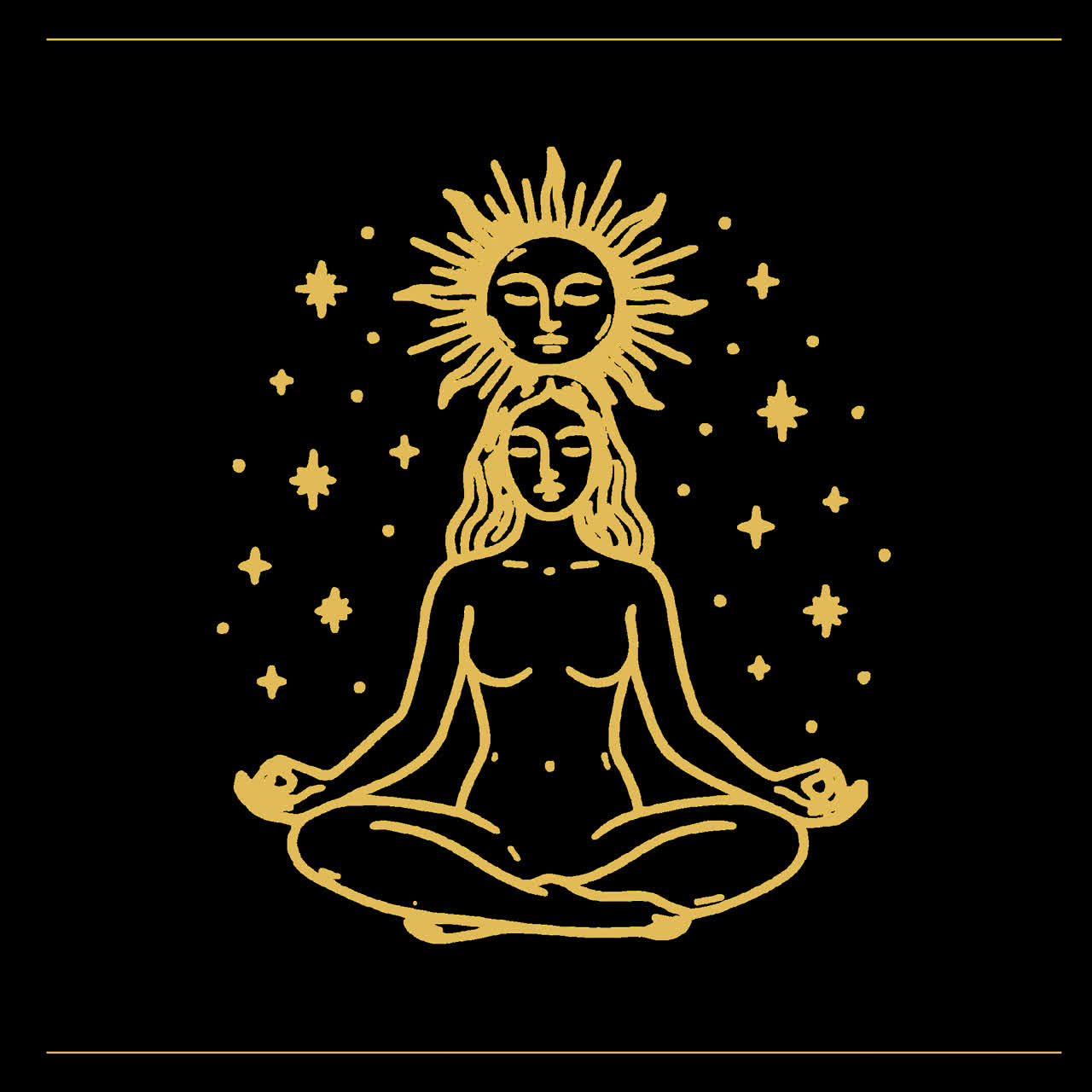 Meditative woman under celestial sun animation isolated asset, transparent 4K video, alpha channel