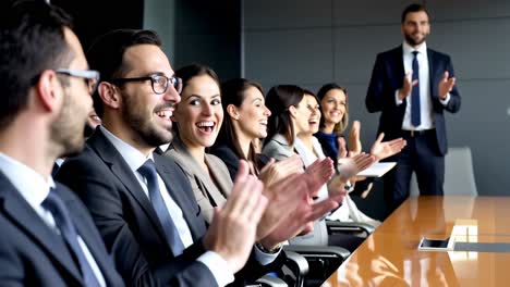 a group of people are clapping and smiling at a presentation.