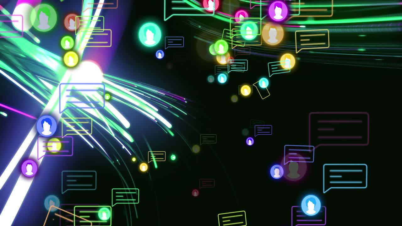 검은 바탕에 분홍색과 녹색 선을 통해 소셜 미디어 반응의 애니메이션
