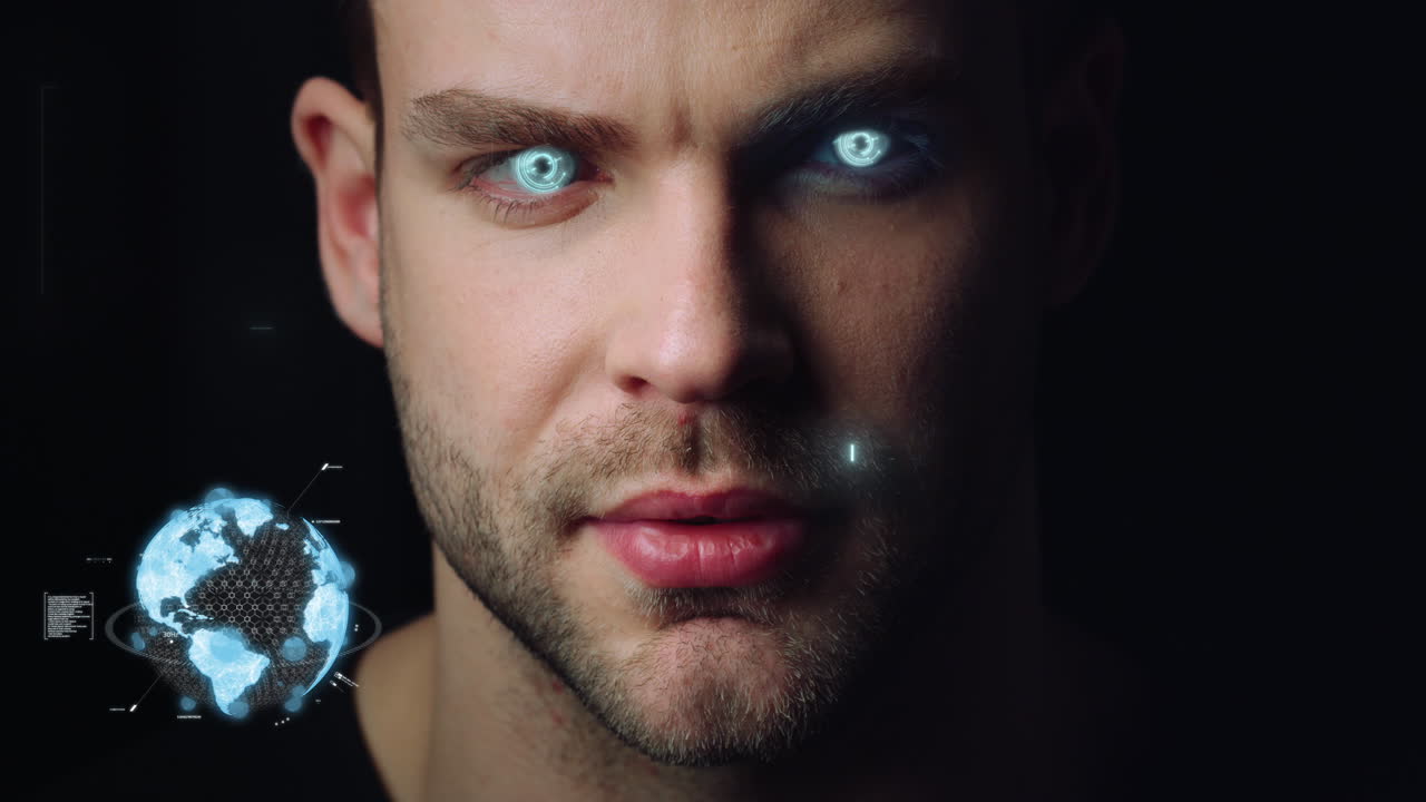 hologramas del mundo de la cara del hombre que muestran las estadísticas de beneficios financieros de la empresa de cerca