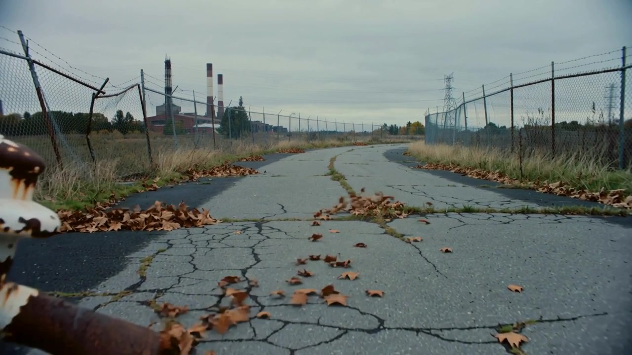 Fouká vítr, který posílá suché listí unášené přes popraskanou, zarostlou asfaltovou cestu, míjí zrezivělý hydrant.