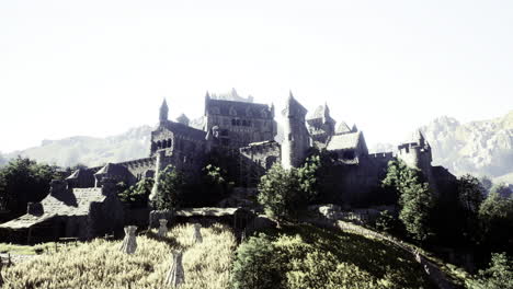 medieval castle overlooking a rugged hillside with surrounding vegetation