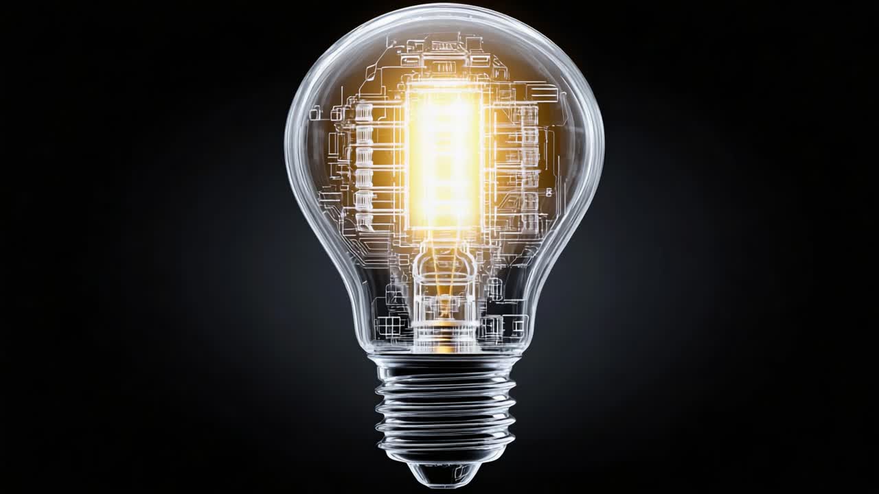 Innovazione illuminante: un primo piano dettagliato di una lampadina trasparente con componenti esposti, che mostra il design intricato e la tecnologia moderna dietro le soluzioni di illuminazione