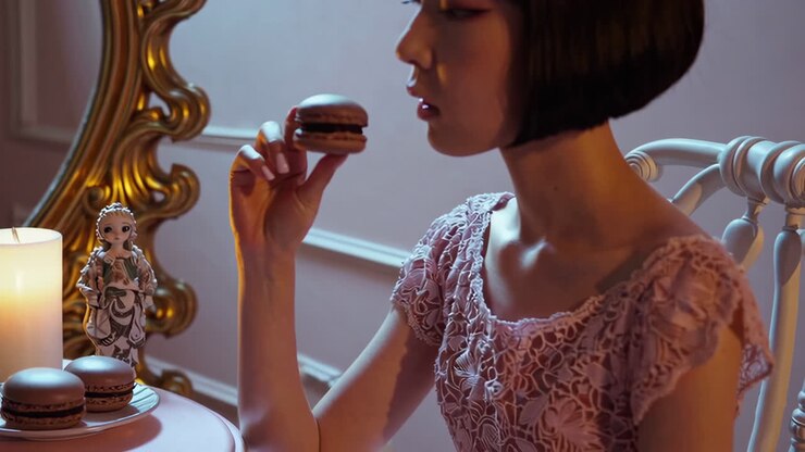 Donna che mangia un macaron in una camera da letto romantica