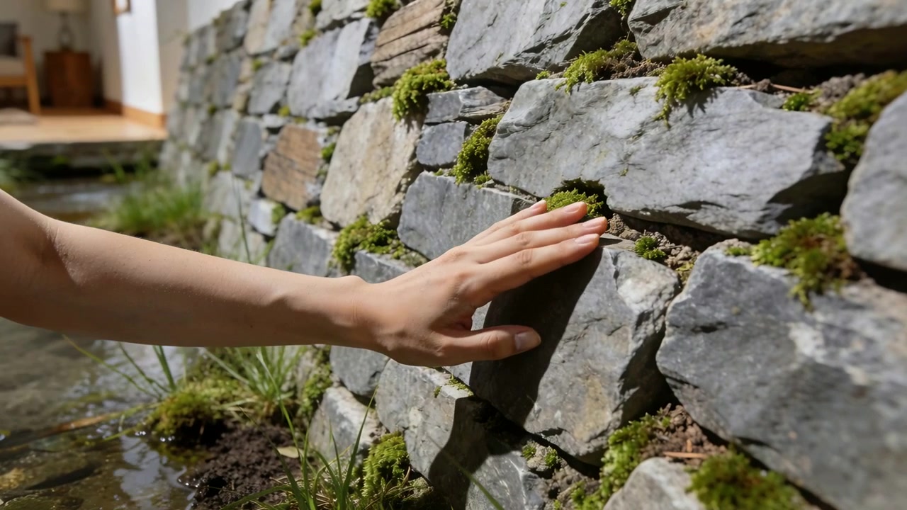 Entering from left bare forearm touching and gliding along mossy stone wall by pond exploring moss