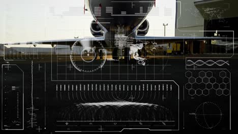 animación de la interfaz con procesamiento de datos contra el avión en una pista de aterrizaje en un aeropuerto