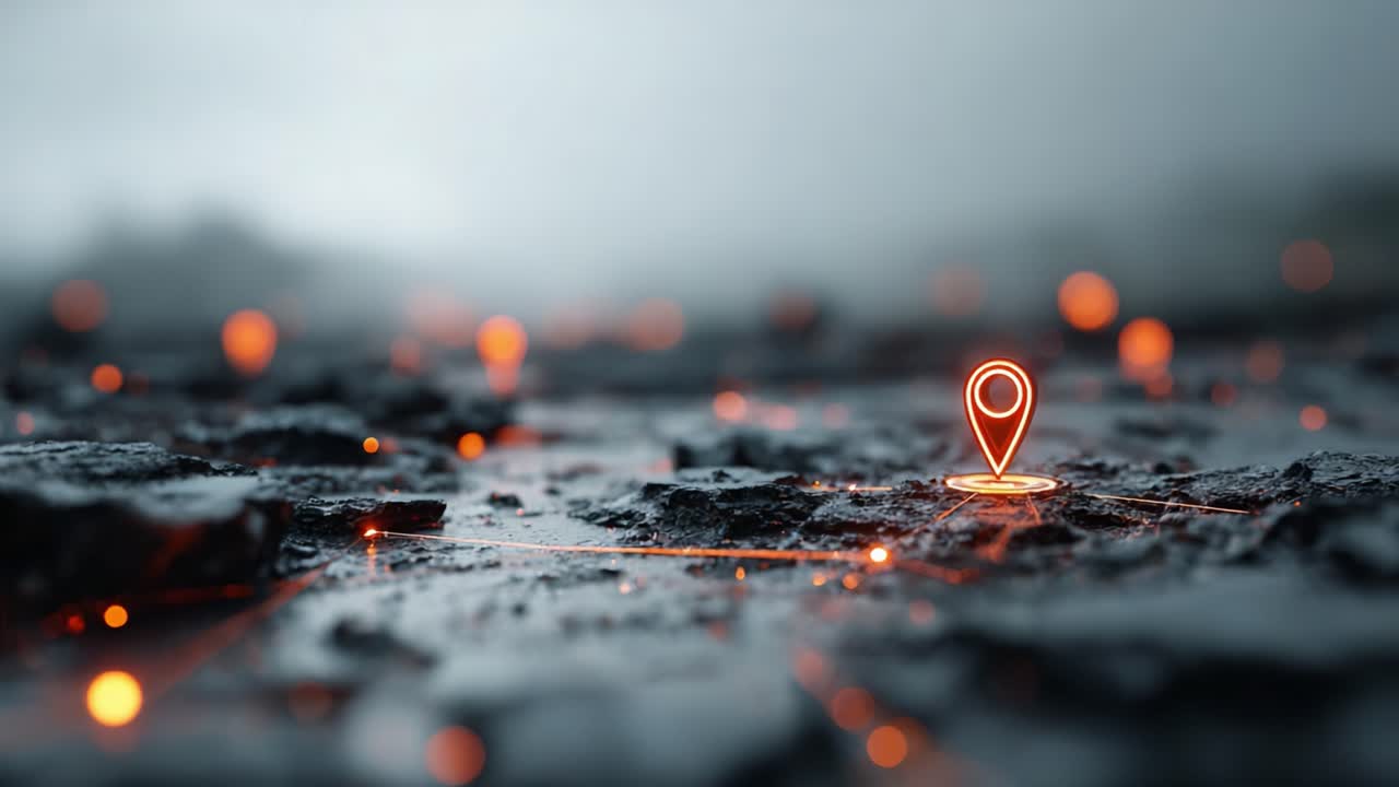 A Glowing Navigation Point on a Textured Landscape Highlighting Connectivity and Technology Amidst a Mysterious Foggy Environment