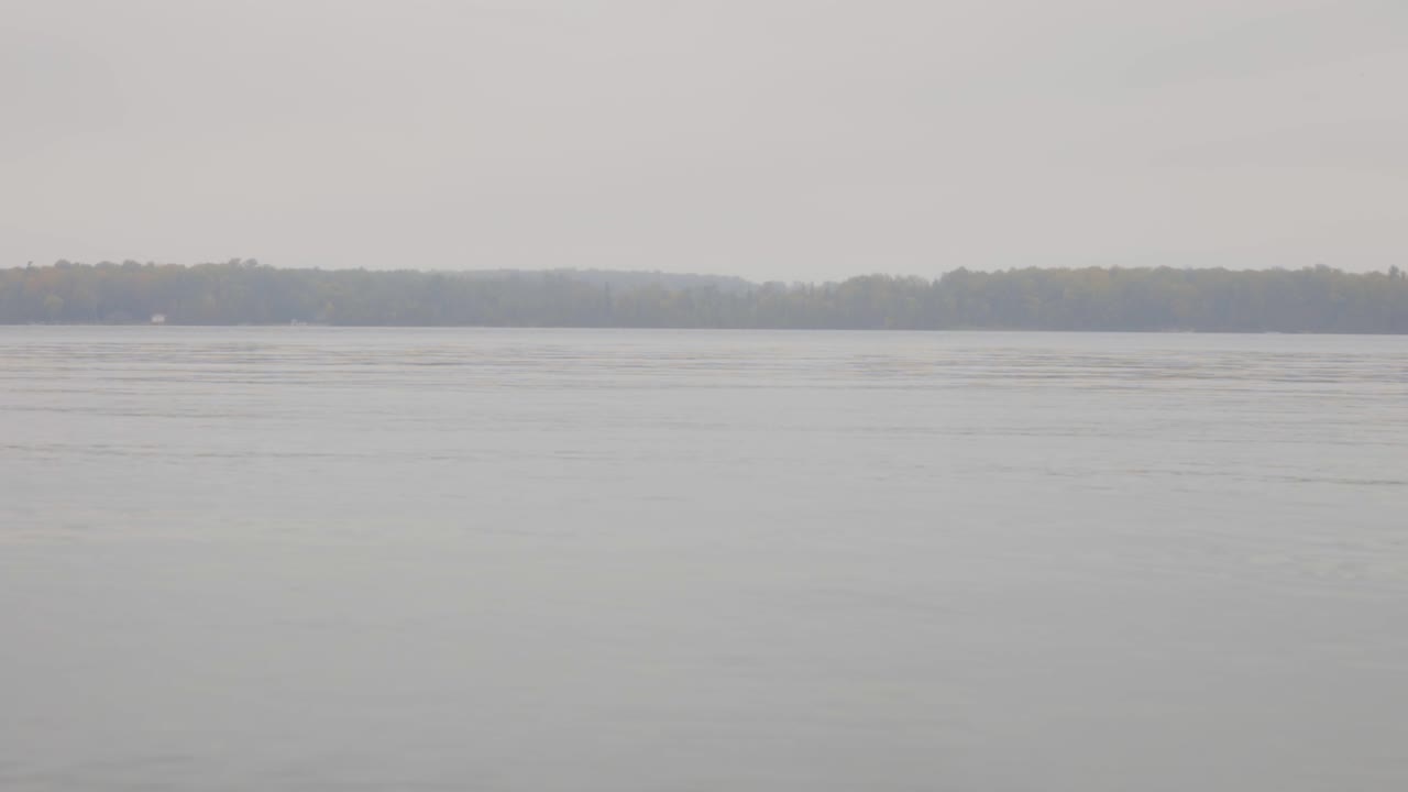 안개 낀 날 가을 숲이 있는 평화로운 호수 위로 흐린 하늘