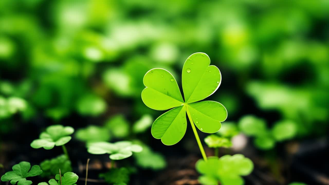 Close up of a four leaf clover with water drops growing among other clovers in a green field, symbolizing good luck, fortune, and prosperity