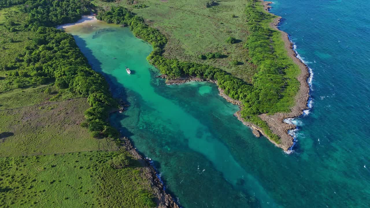 Aerial view of Diamante Beach in Cabrera, Maria Trinidad Sanchez Province, Dominican Republic. Playa Diamante is a small, fairly ordinary looking beach with shallow water.