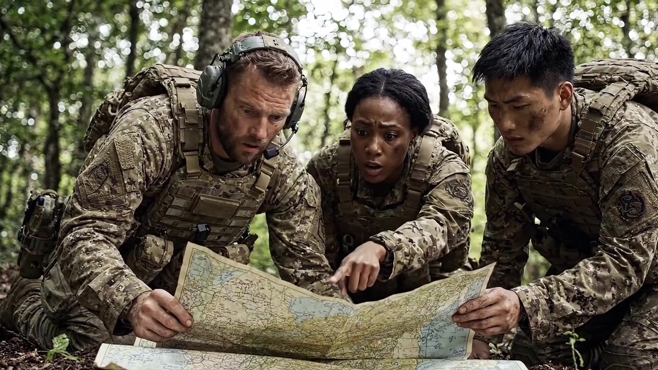 Military Personnel Analyzing Map in Forest Setting, Engaged in Strategic Discussion and Planning for Navigation and Mission Objectives in Tactical Environment