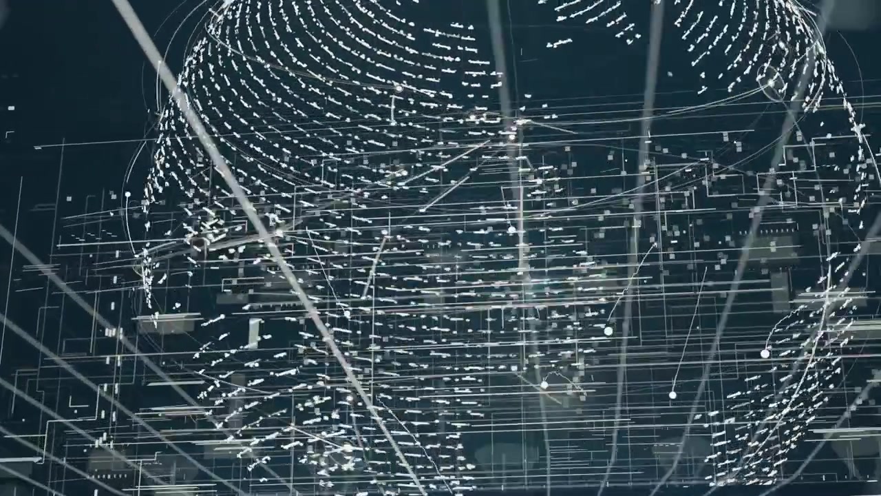 Projecting radial beams from lower base, spherical grid rotating, linking node clusters in HUD