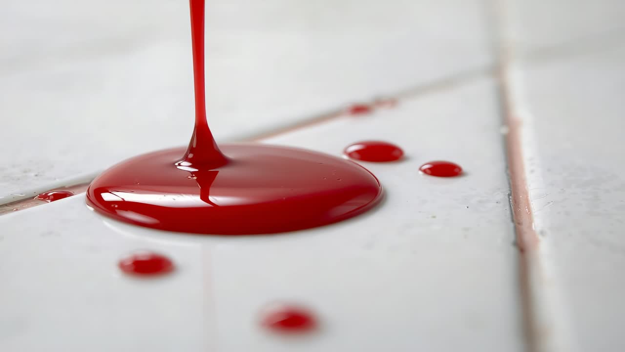 Initiating thin red liquid stream dripping onto white tile surface, forming expanding puddle