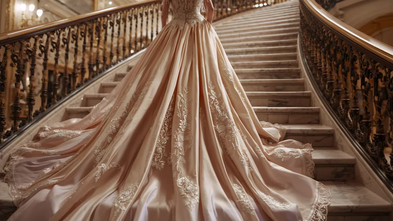 Bride in a Luxurious Wedding Dress on a Grand Staircase
