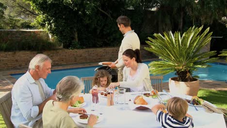 family and grandparents having barbecue in the garden